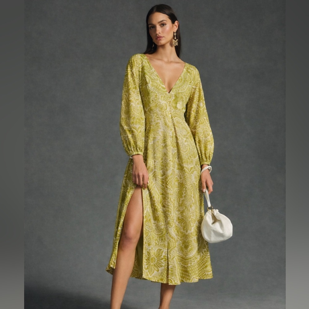 Anthropologie Boho Floral Maxi Dress Citron Green XXS wedding guest